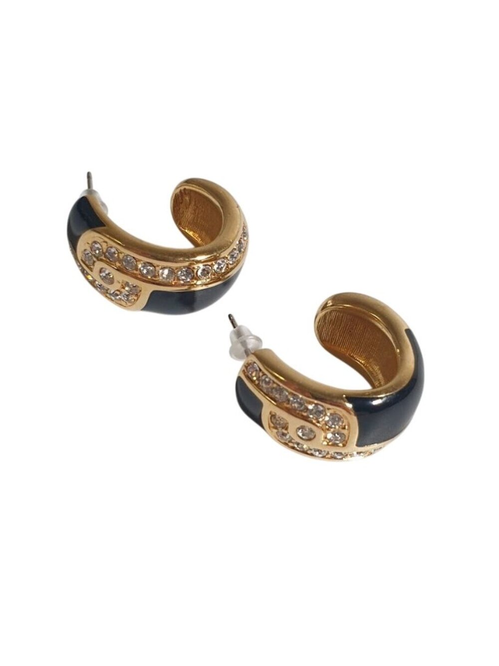 Gold Tone Black Enamel Crystal Stud Earrings Elegant Sparkling Statement Jewelry